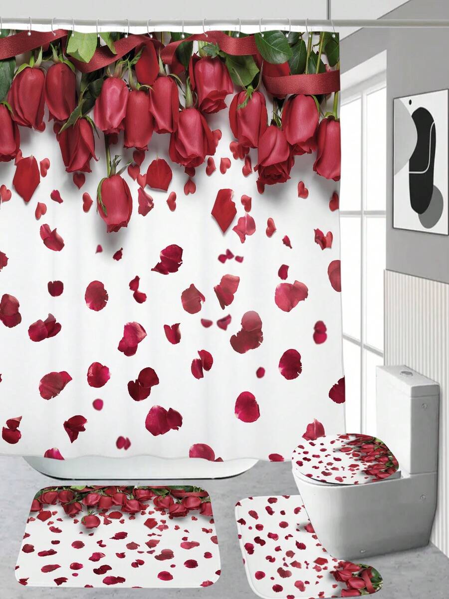 1 件情人节心形与花朵礼品系列数码印花浴帘或浴垫