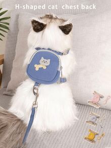 1set Pet Leash Anti-Escape Traction Rope H Harness Cat Walking Vest With Cute Bone & Cat Pattern, Backpack Design Chest And Back Traction Rope - Blue - View 4