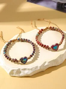1pc Stone Heart Braided Bracelet, Sweet Style For Women's Daily Wear - Woven Bracelet - View 3