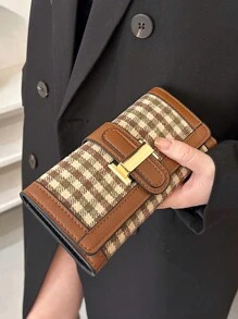 雙色棕色格紋圖案長式時尚女士錢包帶扣,經典復古風母親錢包,翻蓋手機錢包帶多卡插槽和大容量,手拿包 - 棕色 - 查看 2