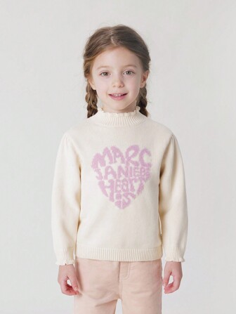 女童甜心提花針織衫，襯有荷葉邊領，適用於秋冬季節