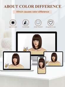 摩卡棕色短发帶瀏海娃娃頭假髮, 12英寸短髮造型不需膠帶, 合成短髮假髮可用於角色扮演派對