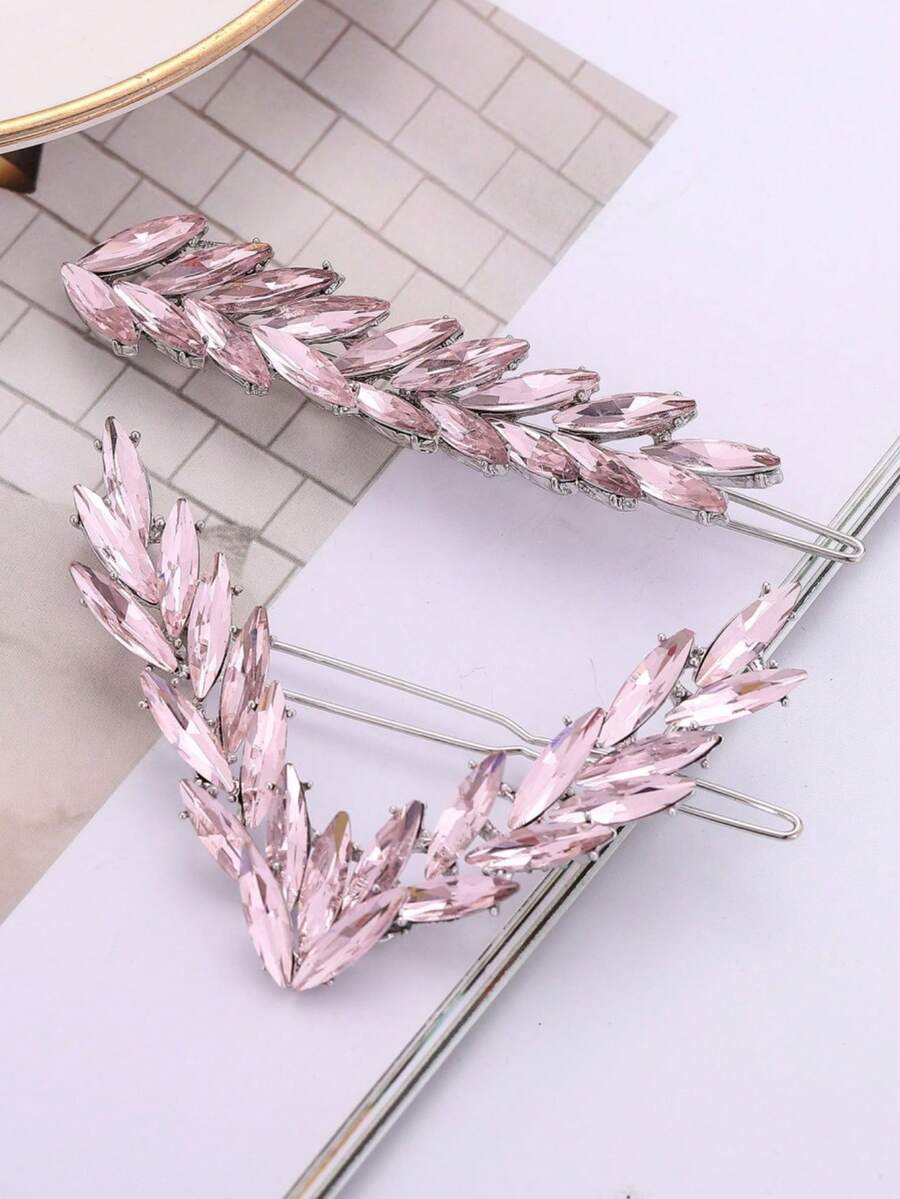 2pcs V-Shape Alloy & Crystal Decor Hair Clip For Daily Hair Updos - Pink - View 1