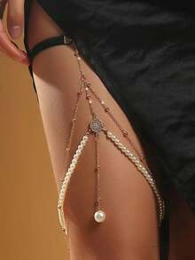 1pc Fashionable Three Layered Pearl Alloy Chain Anklet With Tassel Pendant Elastic String Leg Jewelry - Gold - View 2
