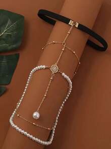 1pc Fashionable Three Layered Pearl Alloy Chain Anklet With Tassel Pendant Elastic String Leg Jewelry - Gold - View 7
