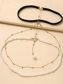 1pc Fashionable Three Layered Pearl Alloy Chain Anklet With Tassel Pendant Elastic String Leg Jewelry - Gold - View 8