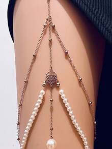 1pc Fashionable Three Layered Pearl Alloy Chain Anklet With Tassel Pendant Elastic String Leg Jewelry - Gold - View 4