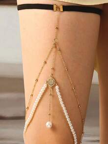1pc Fashionable Three Layered Pearl Alloy Chain Anklet With Tassel Pendant Elastic String Leg Jewelry - Gold - View 3