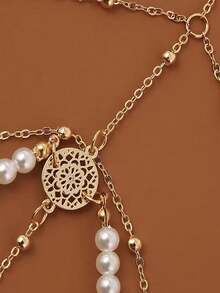 1pc Fashionable Three Layered Pearl Alloy Chain Anklet With Tassel Pendant Elastic String Leg Jewelry - Gold - View 5