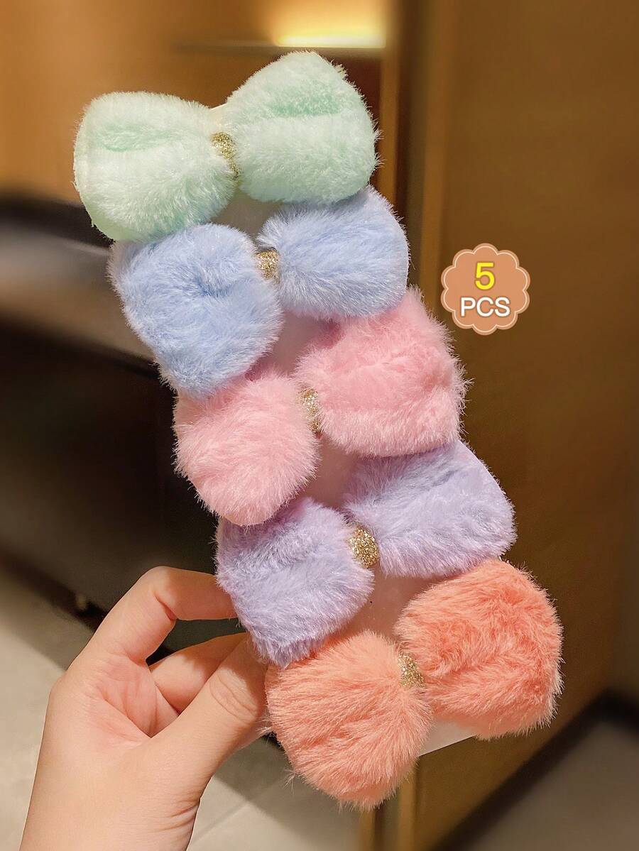 5pcs Kids' Elastic Hair Bands With Colorful Plush Bow Knot - Multicolor - View 1