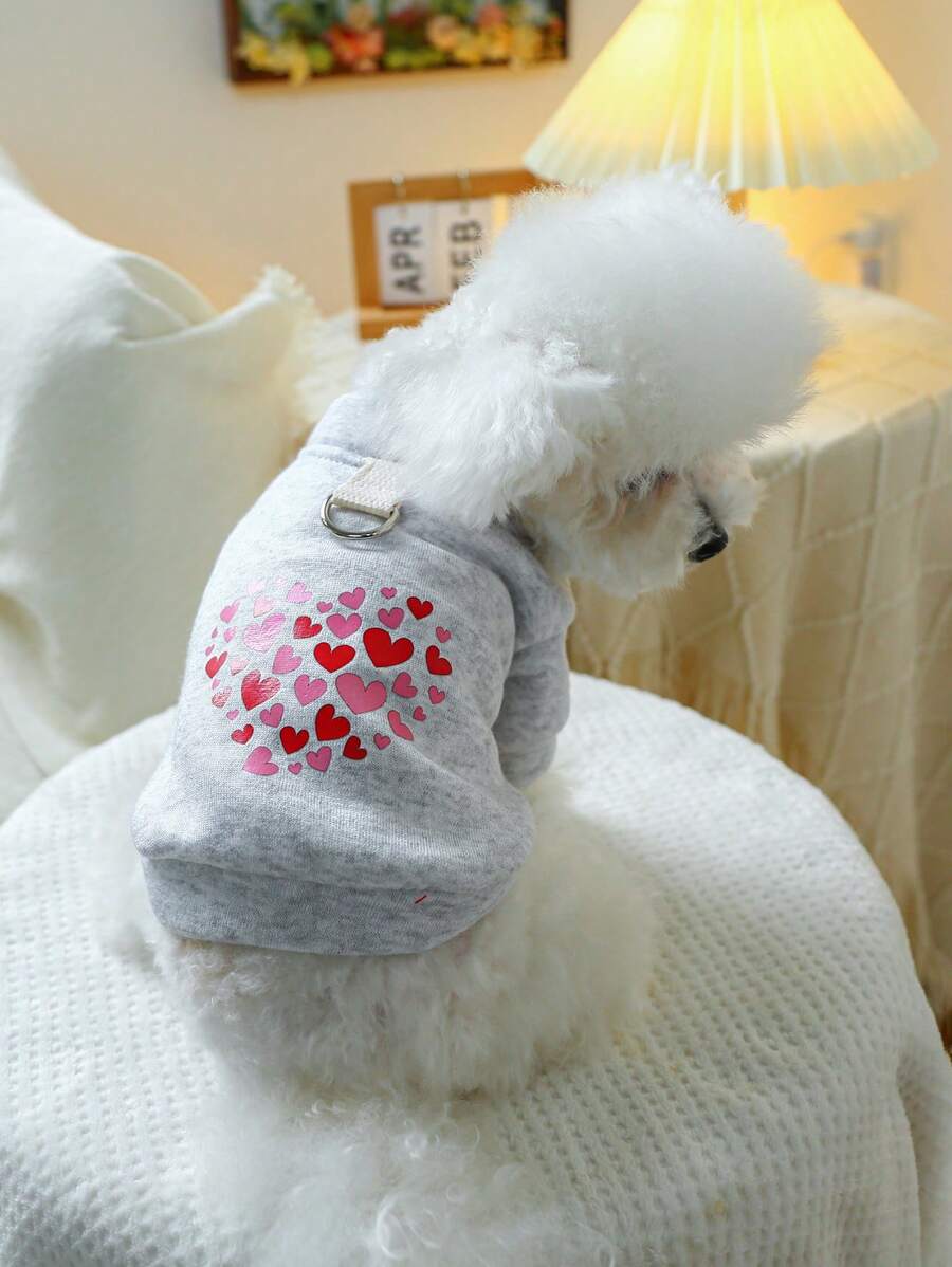 1pc Pet Clothes Puppy Kitten Outfit Light Gray Solid Hoodie With Heart Pattern - Grey - View 1