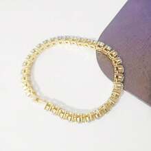 1pc Full Rhinestone Luxury Bracelet, European & American Street Style Golden Plated Unisex Single Row Diamond Tennis Chain Buckle Bracelet, Light And Luxurious - Gold - View 3