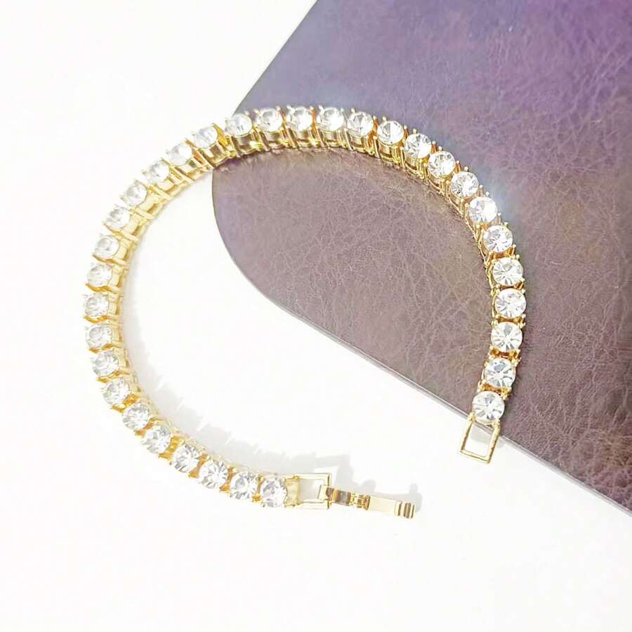 1pc Full Rhinestone Luxury Bracelet, European & American Street Style Golden Plated Unisex Single Row Diamond Tennis Chain Buckle Bracelet, Light And Luxurious - Gold - View 1