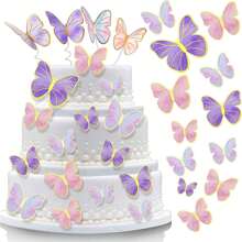 84入組紫粉色蝴蝶形蛋糕裝飾,紫色蝴蝶形生日蛋糕裝飾,生日快樂,婚禮聚會蛋糕甜點牆,薰衣草蝴蝶裝飾 - 彩色 - 查看 5