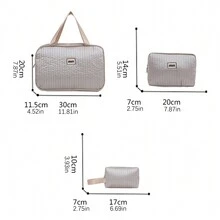 3Pcs Makeup Bag Zipper Pouch, Large Capacity Quilted Pu Cosmetic Travel Bag, Toiletry Case Multi Functional Storage Bag - Beige - View 9