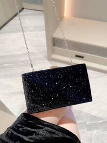 月夜晚禮包冬季女性時尚天鵝絨手拿包，配有閃亮鑽石鏈，適用於夜店、宴會、派對、舞會、正式場合 - 黑色 - 查看 7