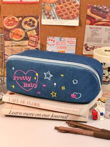 1pc Large Zipper Pen Case, Simple Ins Denim Pencil Pouch With High Appearence Value, Suitable For Middle School Students, Primary School Students, Women - Baby Blue - View 7