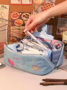 1pc Large Zipper Pen Case, Simple Ins Denim Pencil Pouch With High Appearence Value, Suitable For Middle School Students, Primary School Students, Women - Baby Blue - View 4