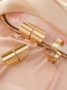 1set Fashionable Metallic Geometric Creative Asymmetrical Statement Earrings & Personalized Bangle Bracelet Combination, Adjustable Open Ends - Yellow Gold - View 5