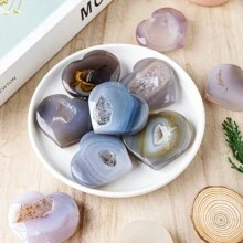 Natural Healing Crystal Agate Druzy Geode Heart Shape Love Carved Palm Worry Stone Chakra Reiki Balancing - Agate Heart - View 1