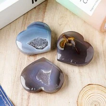 Natural Healing Crystal Agate Druzy Geode Heart Shape Love Carved Palm Worry Stone Chakra Reiki Balancing - Agate Heart - View 9