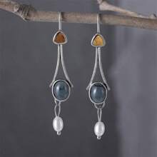 1pair Women's French Style Vintage Geometric Pearl Earrings Suitable For Daily Wear - Silver - View 1
