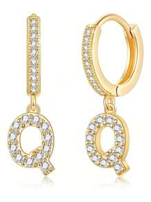 1對女士小號huggie Hoop字母耳環| Post Huggie耳環|方鋯|925純銀低過敏|女童、少女、女士禮物 - 金黃色 - 查看 10