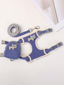 1set Pet Leash Anti-Escape Traction Rope H Harness Cat Walking Vest With Cute Bone & Cat Pattern, Backpack Design Chest And Back Traction Rope - Blue - View 1