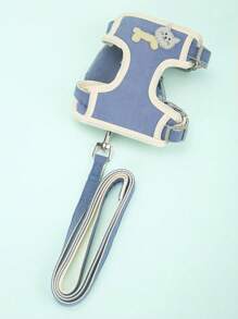 1set Pet Leash Anti-Escape Traction Rope H Harness Cat Walking Vest With Cute Bone & Cat Pattern, Backpack Design Chest And Back Traction Rope - Blue - View 2