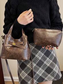 設計師卡其色女包,2023新穎復古秋冬手提袋,可肩背/斜跨/手提三用 - 咖啡棕 - 查看 2