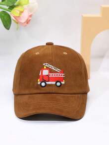 1pc Unisex Kids' Embroidered Fire Truck Baseball Cap Sun Hat For Middle & Big Children - Coffee Brown - View 3