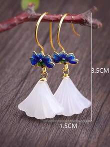 1對優雅的拼裝和玉珠設計的琺瑯&葉子&花紋式挂針耳環,適合日常佩戴和作為禮物 - 裙子玉石耳環 - 查看 5