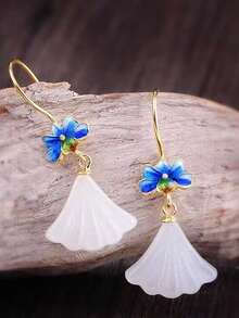 1對優雅的拼裝和玉珠設計的琺瑯&葉子&花紋式挂針耳環,適合日常佩戴和作為禮物 - 裙子玉石耳環 - 查看 1