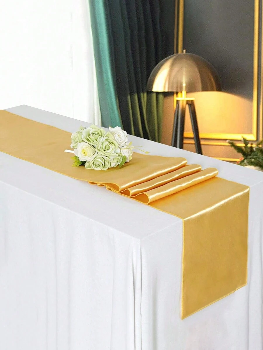 5pcs Plain Satin Table Runner, Smooth Fabric, Decorations For Wedding, Banquets, Gold - Gold - View 1