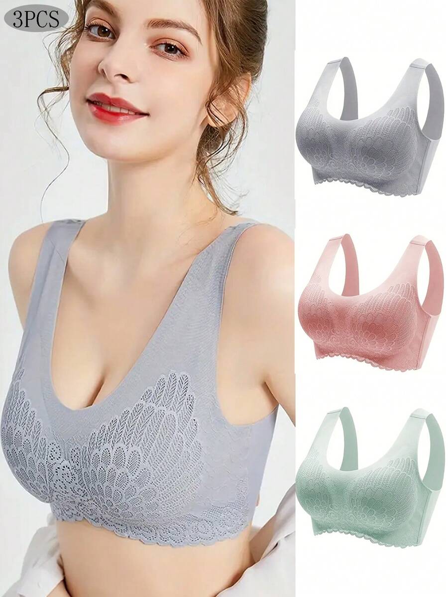 3 件套女式無縫蕾絲文胸,無線聚攏文胸,帶寬肩帶,防下垂和側胸部覆蓋 - 彩色 - 查看 1
