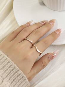 2pcs European And American Fashion Simple Alloy Geometric Glossy Round Women's Rings, For Daily Wear - Rose Gold - View 1