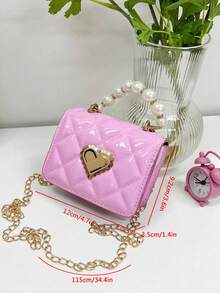 Children's Pearl Crossbody Bag, Pu Satchel, Fashionable Rhombus Grid Square Bag - Pink - View 3