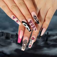24pcs Wearable False Nails With Black/Pink/Spiderweb/ Ghost/Love/Fire Patterns, Including Jelly Glue And Nail File, Suitable For Women/Girls - Multicolor - View 1