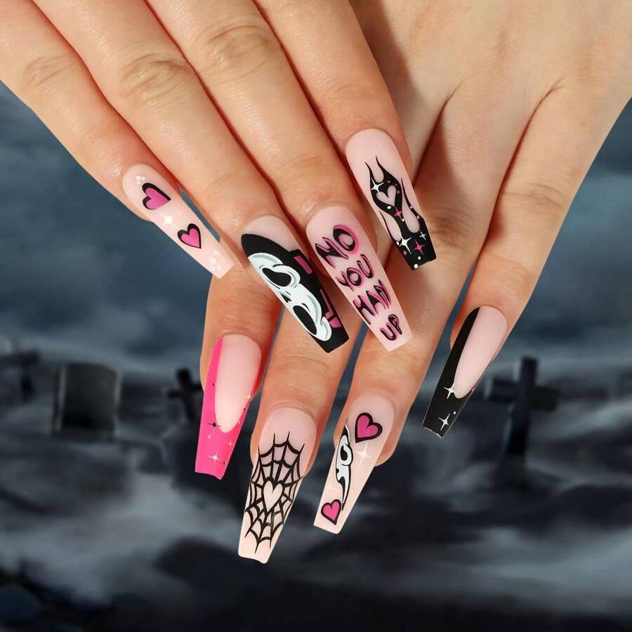 24pcs Wearable False Nails With Black/Pink/Spiderweb/ Ghost/Love/Fire Patterns, Including Jelly Glue And Nail File, Suitable For Women/Girls - Multicolor - View 1