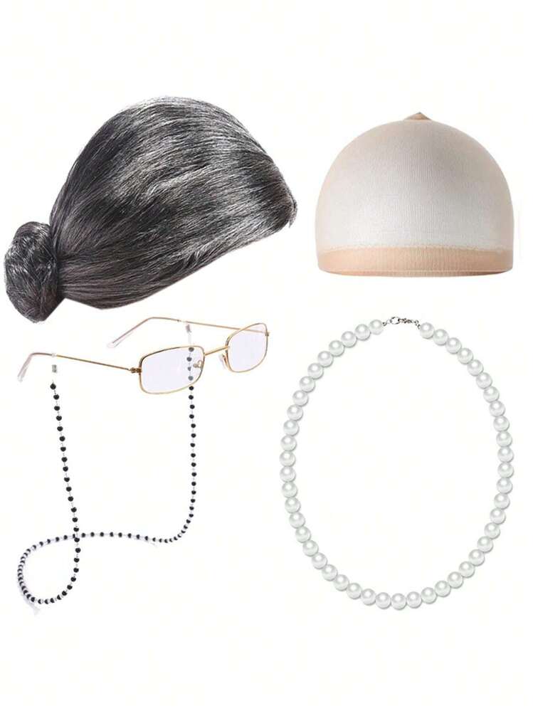 Kit de Deguisement Grand Mere, 7 Pièces Ensemble Costumes Vieille Dame, avec Grand-Mère Perruque Bonnet Lunettes Perle Collier Boucle d'oreille Bracelet, pour Le Carnaval, Halloween Cosplay