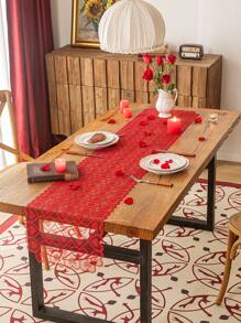 Valentine'S Day Solid Heart Shaped Lace Table Runner, 1pc - Red - View 1