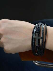 1 件男女通用十字形黑色和銀色搭扣手鍊！很棒的情人節禮物！ - 黑色 - 查看 3