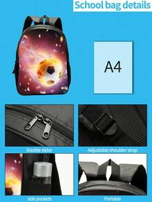 3pcs/Set Boys' Cartoon Printed Polyester Backpack Set With Large Capacity, Zip Closure, Suitable For School Use - Multicolor - View 3