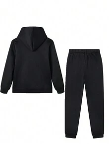 2pcs Tween Boys' Sports Hoodie And Jogger Pants Set, Autumn And Winter - Black - View 2