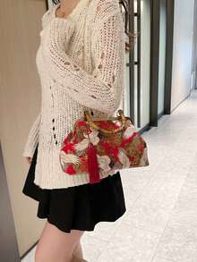 1件女士紅色中式復古晚禮包,精美手袋綴有刺繡,適用於宴會或婚禮派對 - 紅色 - 查看 3