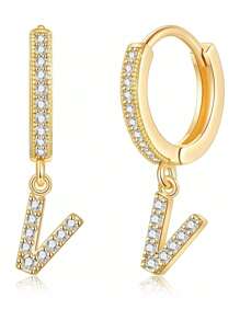 1對女士小號huggie Hoop字母耳環| Post Huggie耳環|方鋯|925純銀低過敏|女童、少女、女士禮物 - 金黃色 - 查看 20