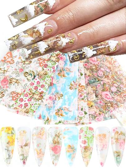 10张彩色美甲贴纸，天使花、玫瑰、星星图案，水贴纸，美甲装饰，DIY美甲配件，美甲用品