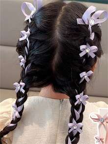 1pc Pink Bow Knot Braid Hair Clip For Women, With Long Ribbon, Korea Rhinestone Decoration, Hair Accessory & Styling Tool - Pink - View 2