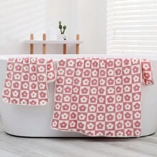 1pc Bath Or Face Towel, Plum Blossom Printed, Soft&Absorbent Coral Fleece Material, No Lint, Suitable For Hotel, Travel, Family Bathroom Use - Pink - View 1