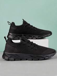 男士网眼休闲鞋轻便舒适平底鞋步行鞋跑步鞋网球运动鞋女士鞋男女通用 - 黑色 - 查看 3